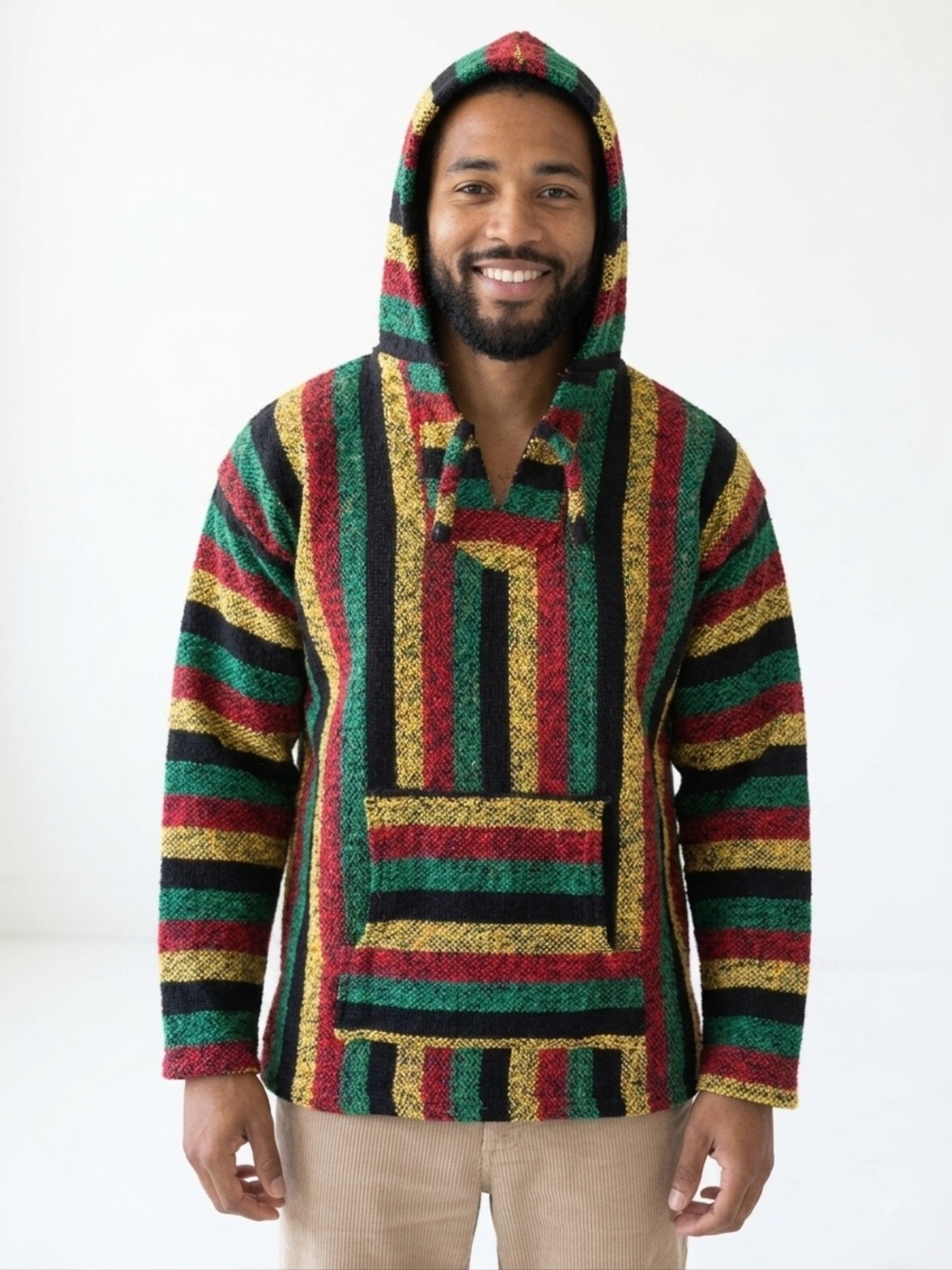 Men’s Baja Hoodie Striped Shacket in Red, Green, Black & Yellow SZ XL